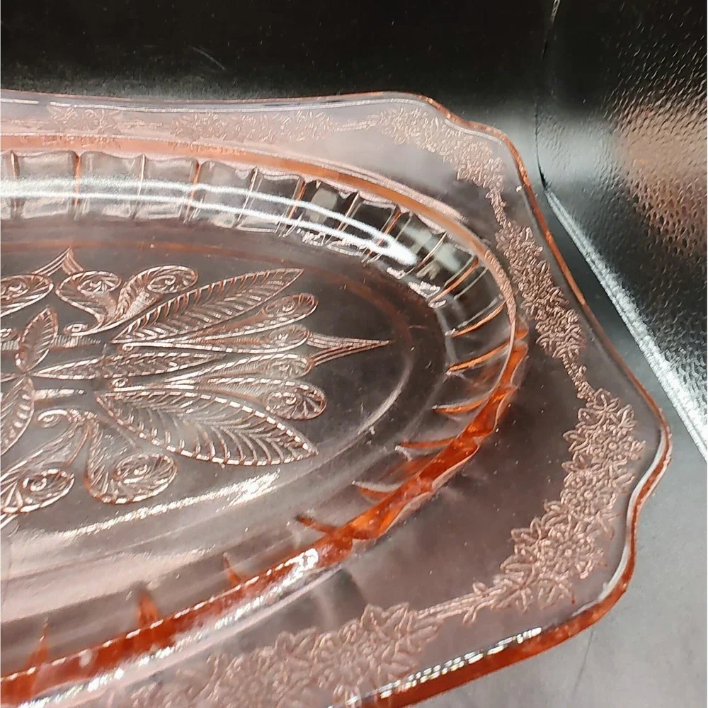 Vintage Jeanette Pink Depression Glass Curved Platter Adam Pattern 11.75